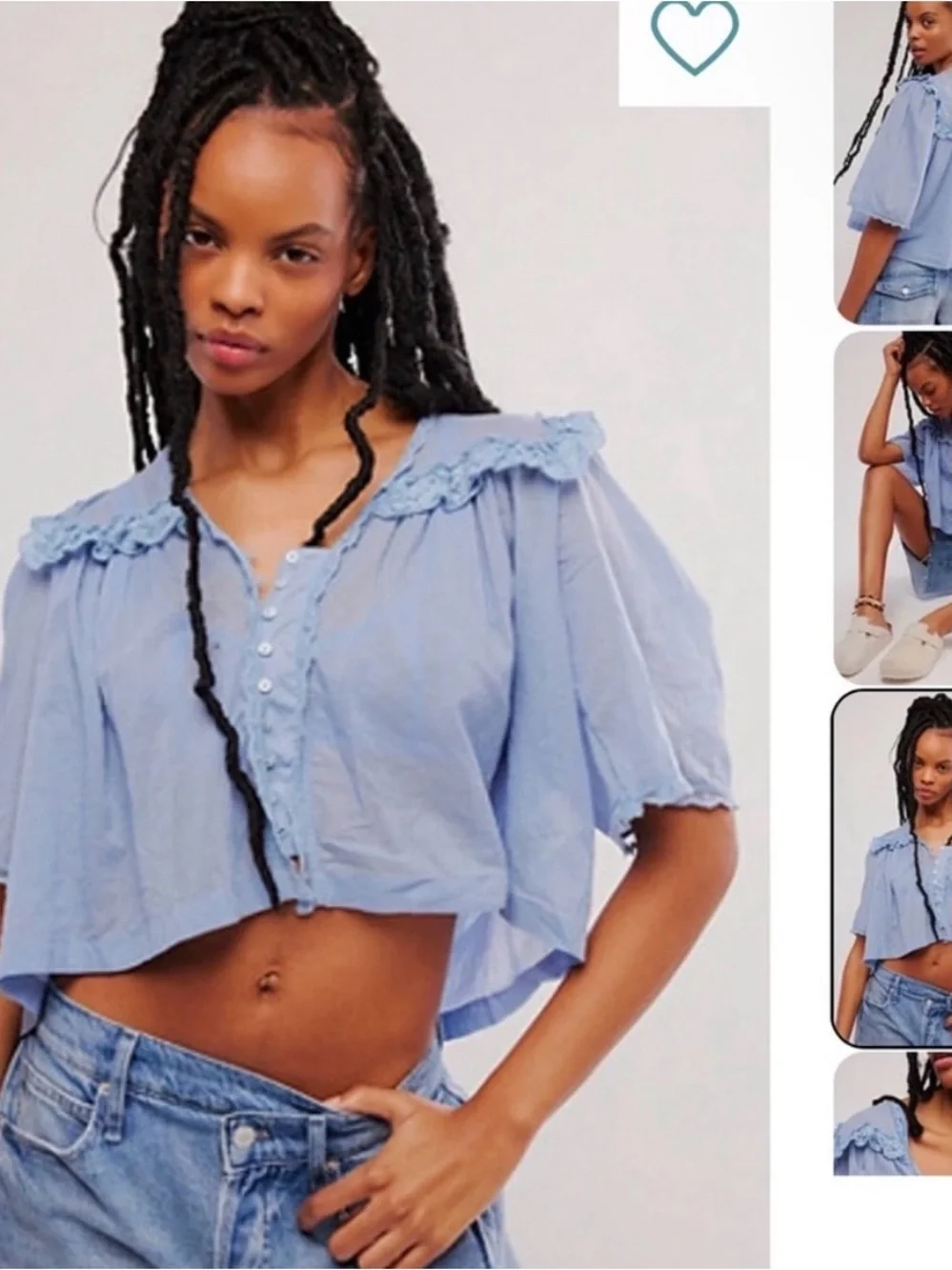 Free People Luna Top color Faded Denim Ruffle-Trim Button Front Blouse Small